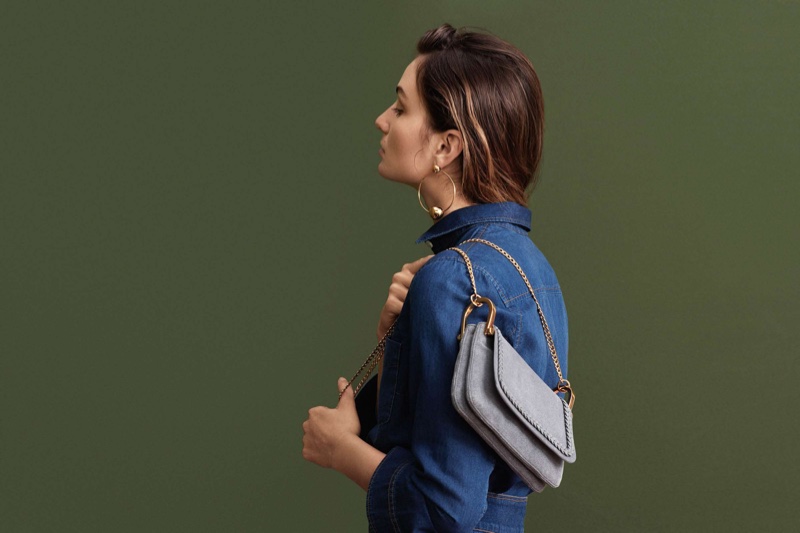 H&M Denim Shirt, Round Earrings and Shoulder Bag