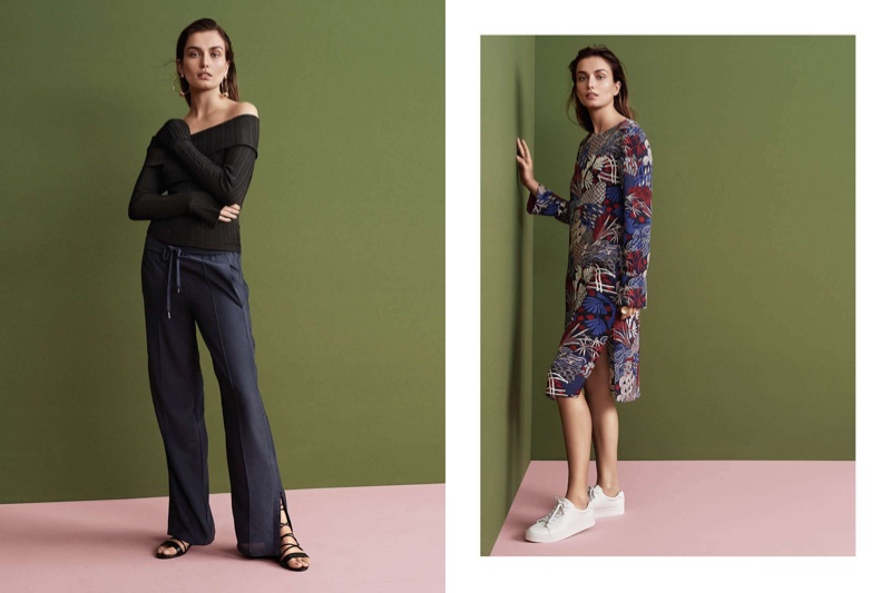 (Left) H&M Off-the-Shoulder Sweater, Wide-Leg Pants and Sandals (Right) H&M Crepe Dress and Sneakers