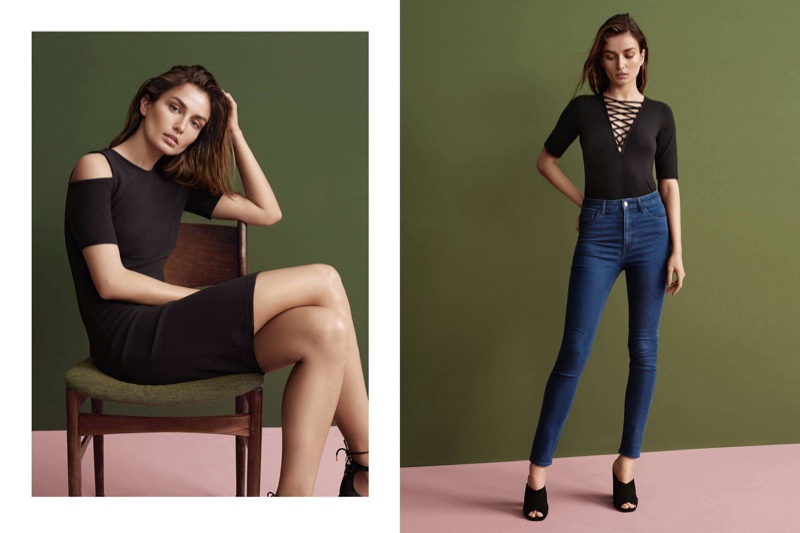 (Left) H&M Open-Shoulder Dress and Pointed Flats with Lacing (Right) H&M Bodysuit with Lacing, Jeans and Mules