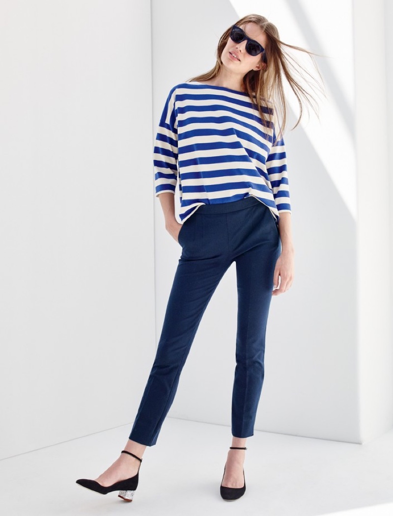 J. Crew Oversized Drop-Sleeve Striped T-Shirt, Martie Pant in Bi-Stretch Cotton, Sam Sunglasses and Contrast Glitter Heels in Suede