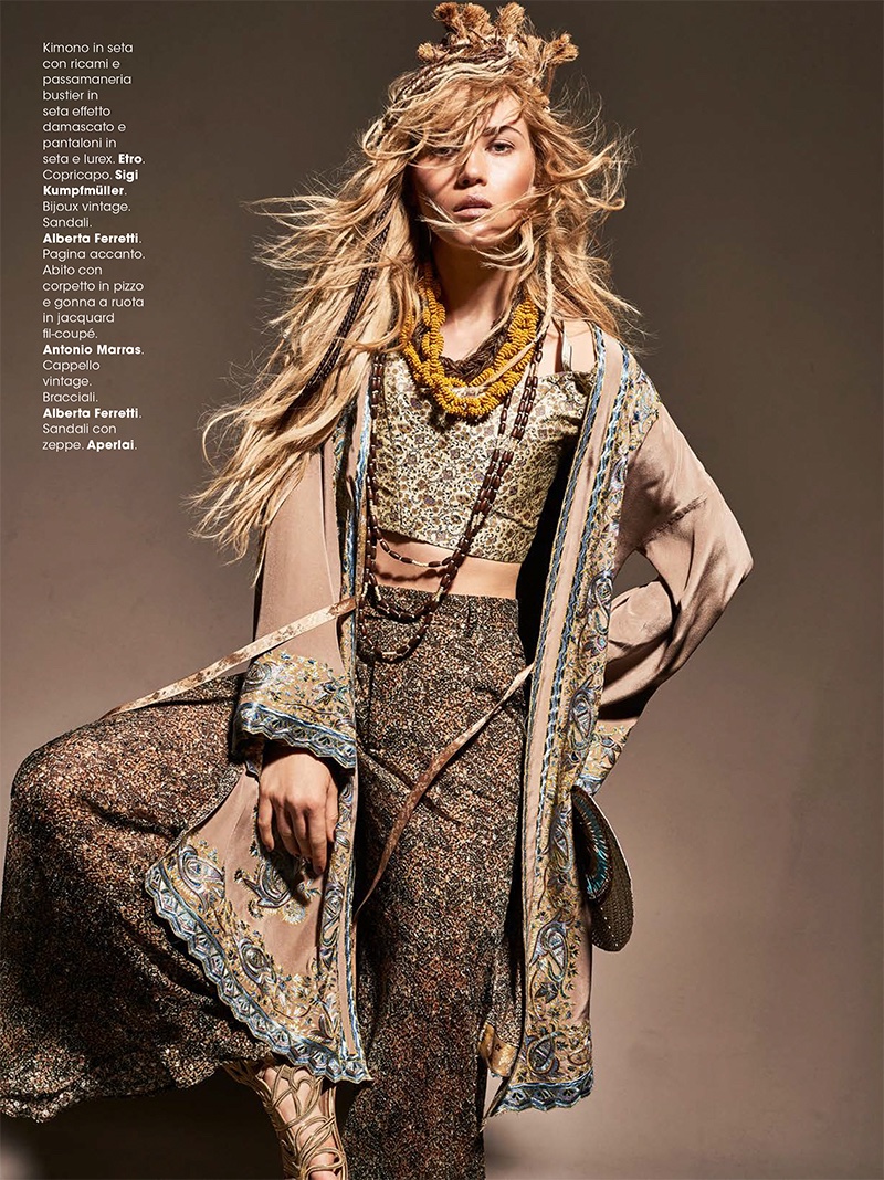 Josefin Bresan wears Etro kimono robe, top and pants