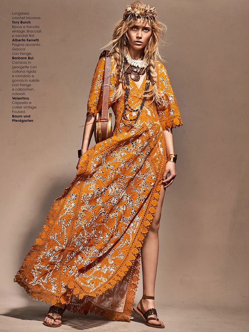 Josefin Bresan models Tory Burch crochet maxi dress with Alberta Ferretti sandals