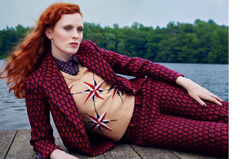 Karen Elson suits up in a printed jacket and trousers set from Gucci