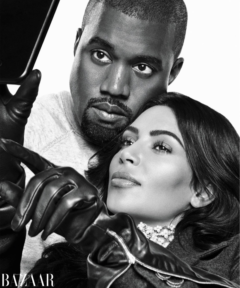 Kanye West and Kim Kardashian take a selfie in black and white