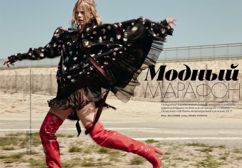 The blonde model strikes a pose in Marc Jacobs cape