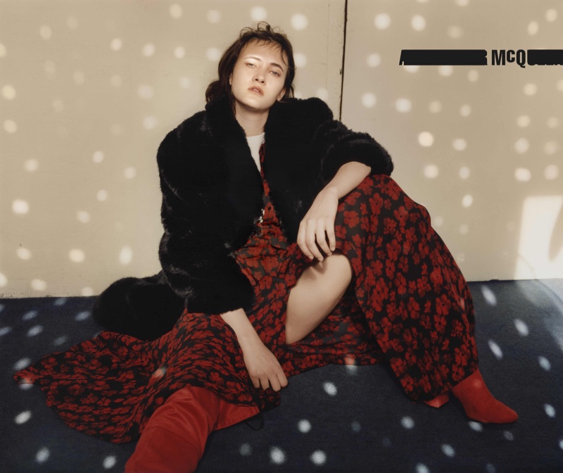 McQ by Alexander McQueen focuses on furry jacket with floral print maxi dress