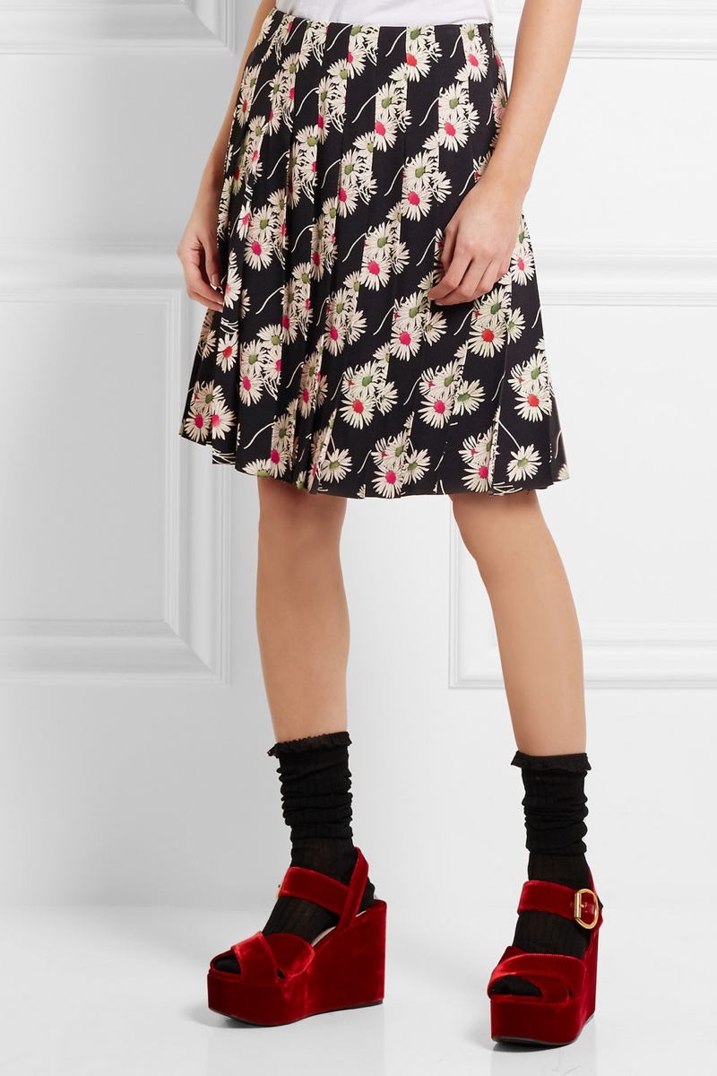Prada Floral Print Pleated Cady Skirt