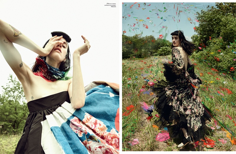 (Left) Sarah poses in embroidered Prada skirt (Right) Sarah models Roberto Cavalli gown