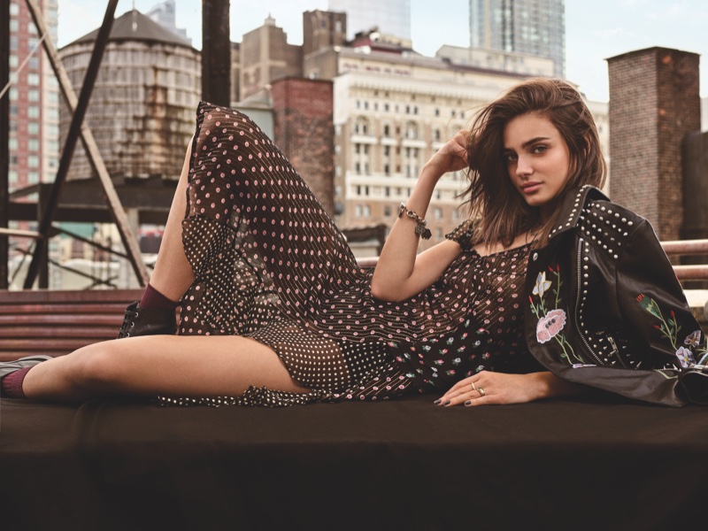 Taylor Hill models Topshop embellished leather jacket and polka dot pint dress