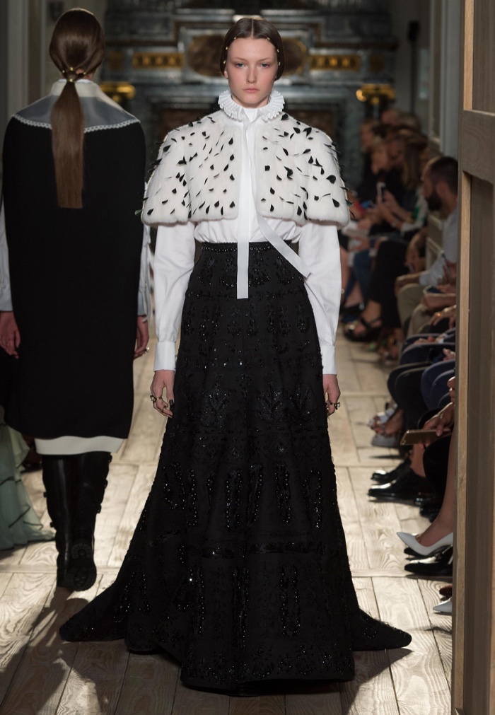 Valentino Haute Couture Fall 2016: Capelet worn over high-collar blouse and embroidered maxi skirt