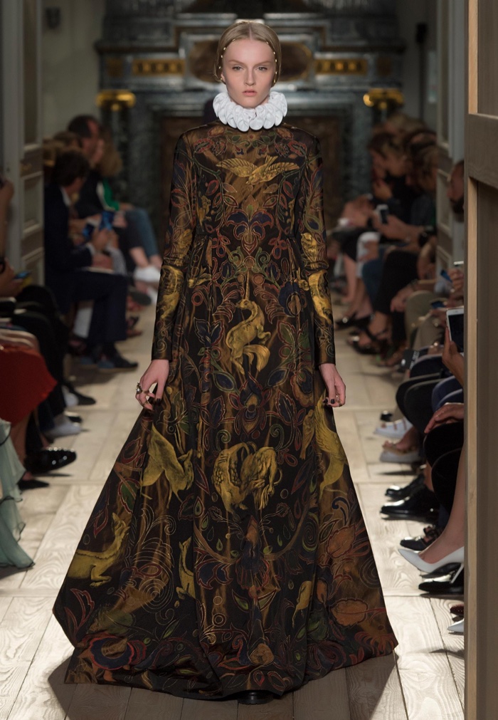 Valentino Haute Couture Fall 2016: Embroidered gown with long sleeves worn with Elizabethan collar