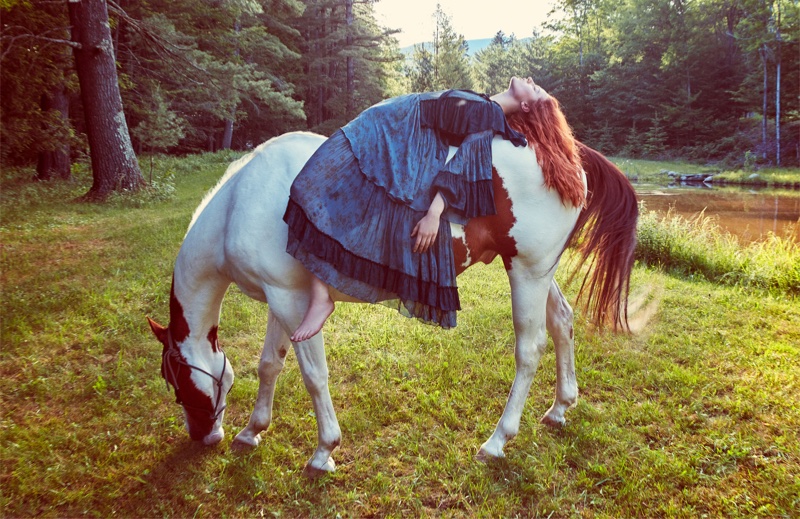 Julia Banas poses on horseback for Zara's fall-winter 2016 campaign