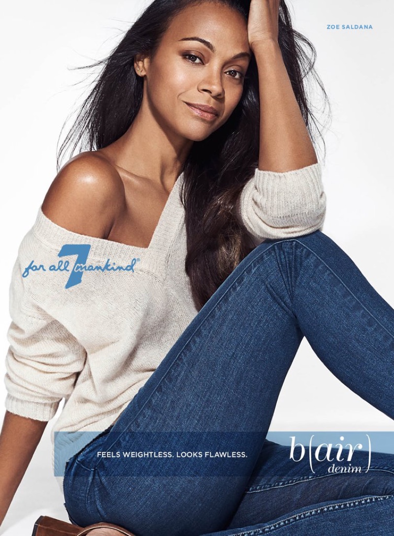 Zoe Saldana wears sweater and slim-fit denim in 7 for All Mankind campaign