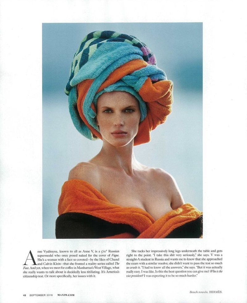 Anne Vyalitsyna wears her hair wrapped up with a robe