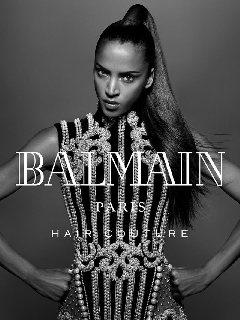 Noemie Lenoir wears sleek ponytail in Balmain Hair fall-winter 2016 campaign