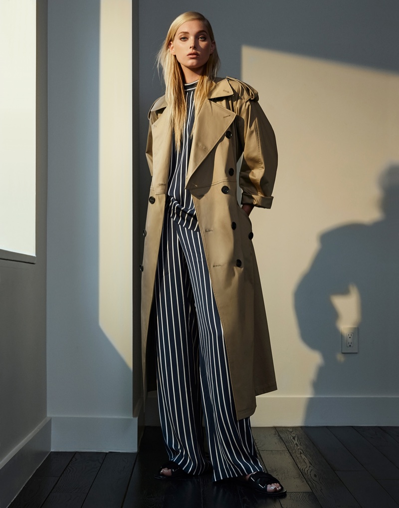Elsa Hosk takes it easy in tan trench coat and striped jumpsuit