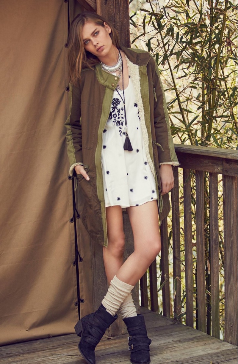 Free People Tallis Oversize Parka, Sweet Tennessee Embroidered Minidress, Bellevue Knee High Socks and Mason Western Bootie