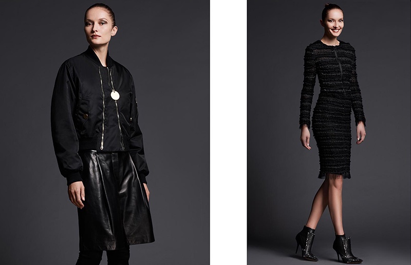 (Left) Givenchy Zip-Front Nylon Bomber Jacket and Long Leather Shorts (Right) Givenchy Micro-Ruffle Embroidered Jacket and Iron Line Basketweave Leather Boot