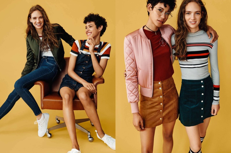 (Left - Look 1) H&M Pilot Jacket, Jersey Top, Skinny Jeans and High Top Sneakers (Left - Look 2) H&M Rib-Knit Short Sleeved Top and Denim Bib Overall Dress (Right - Look 1) H&M Pilot Jacket, T-Shirt with Printed Design and A-Line Skirt (Right - Look 2) H&M Ribbed Top and A-Line Skirt