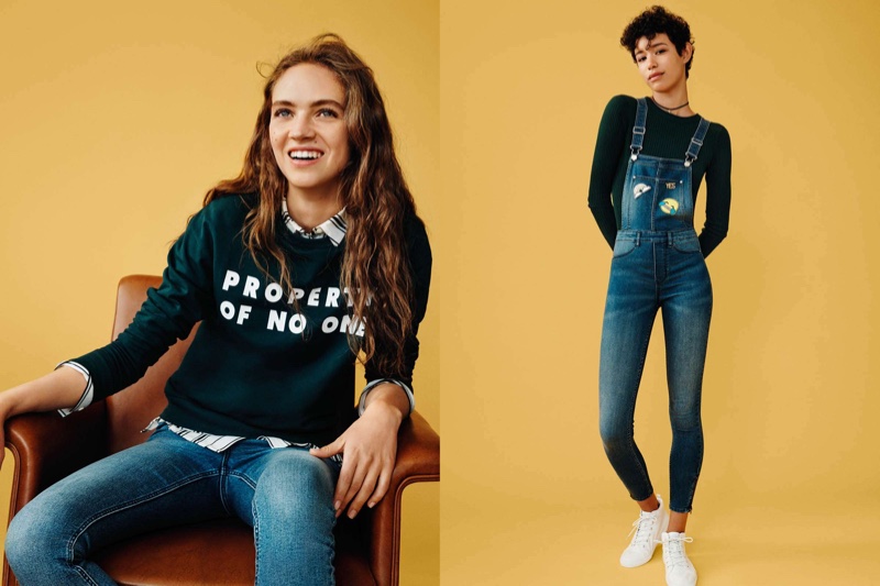 (Left) H&M Sweatshirt with Printed Design and Slim-fit Jeans with High Waist (Right) H&M Bib Overalls, Rib-Knit Sweater and High Top Sneakers