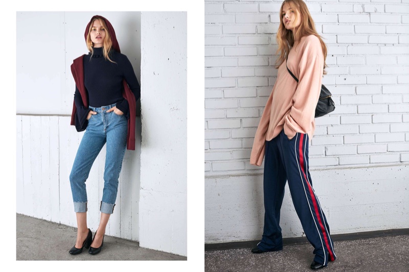 (Left) H&M Ribbed Mock Turtleneck, Oversized Hooded Sweatshirt and High Waist Jeans (Right) H&M Cashmere Sweater, Track Pants and Shoulder Bag