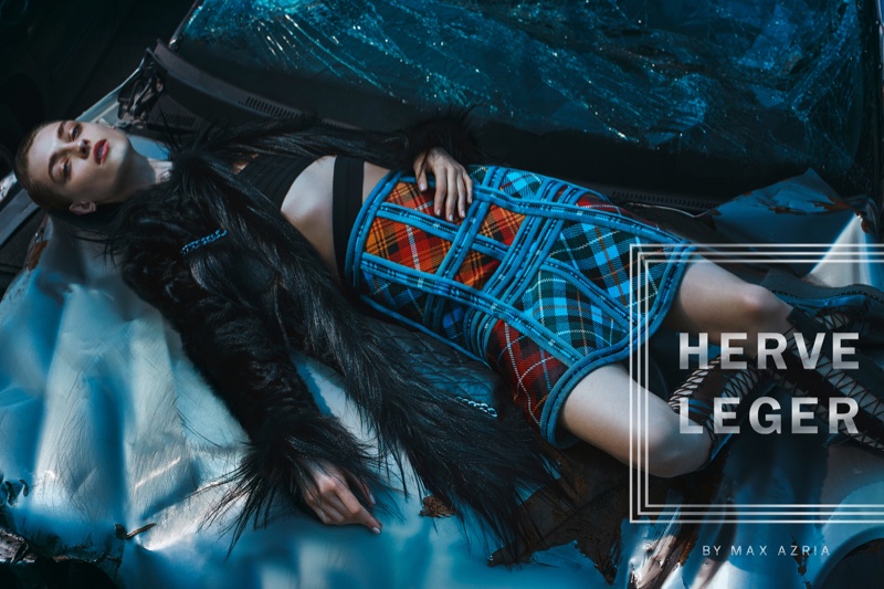 Herve Leger’s fall-winter 2016 campaign features plaid print skirt with caging