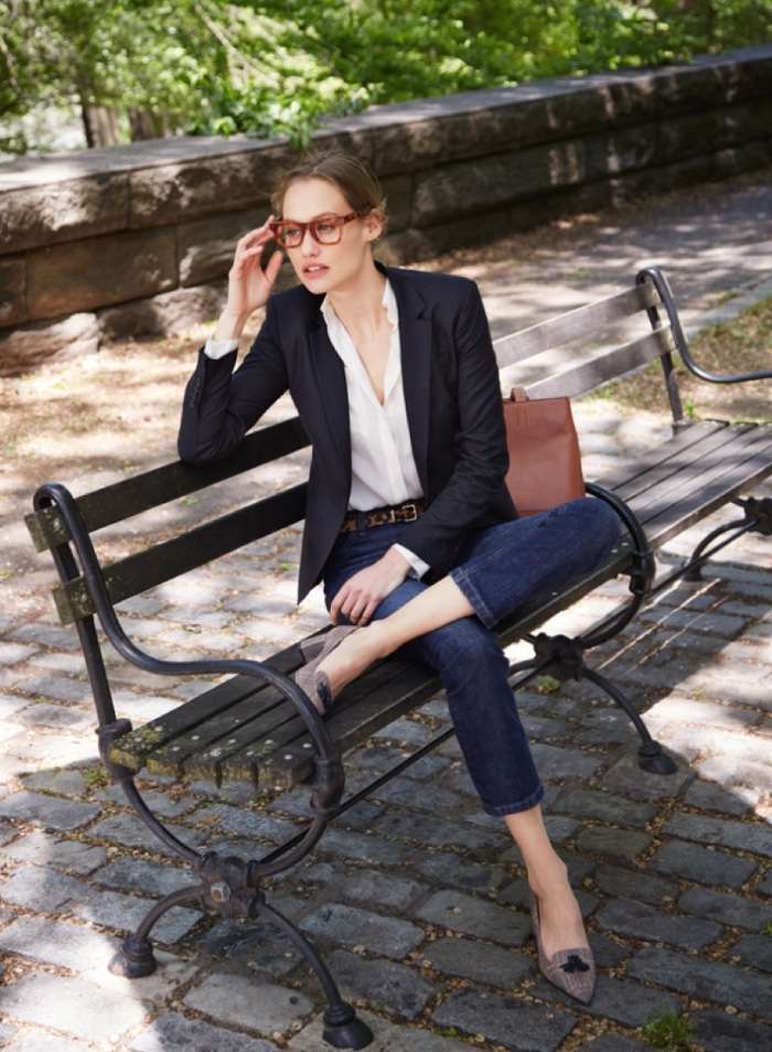 J. Crew Campbell Blazer in Pinstripe Super 120s Wool, Silk Pocket Blouse, Billie Demi-Boot Crop Jean in Koby Wash, Super Ciccio Eyeglasses, All-Day Tote, Leopard-Printed Calf Hair Belt and Avery Heels in Tweed