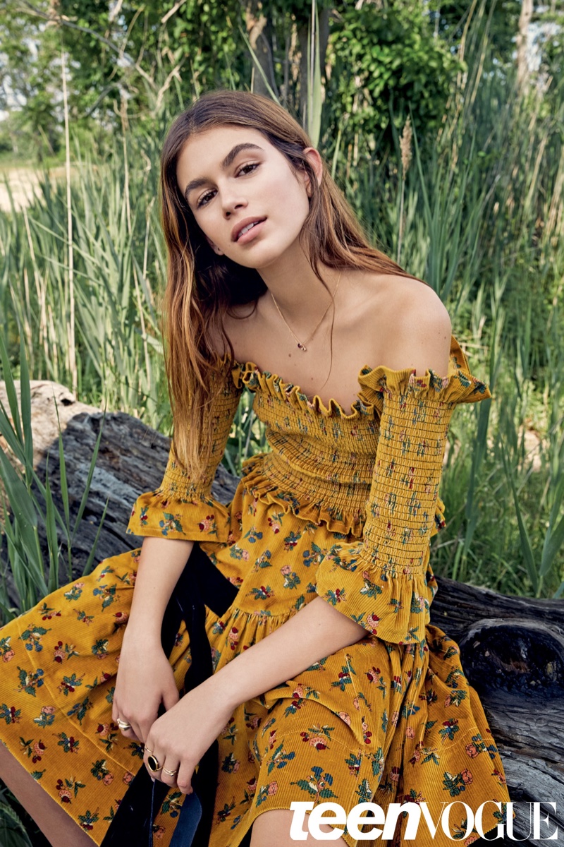 Kaia Gerber models off-the-shoulder top and skirt set by Molly Goddard