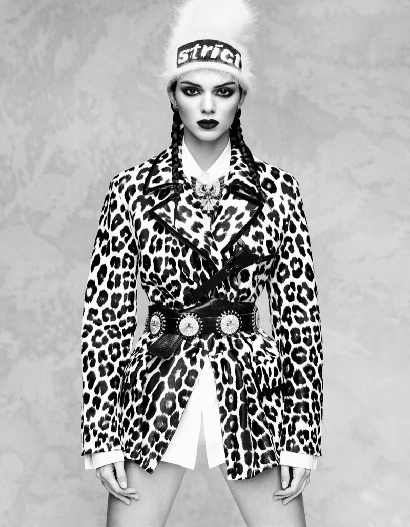 Kendall Jenner models leopard print coat and Alexander Wang beanie