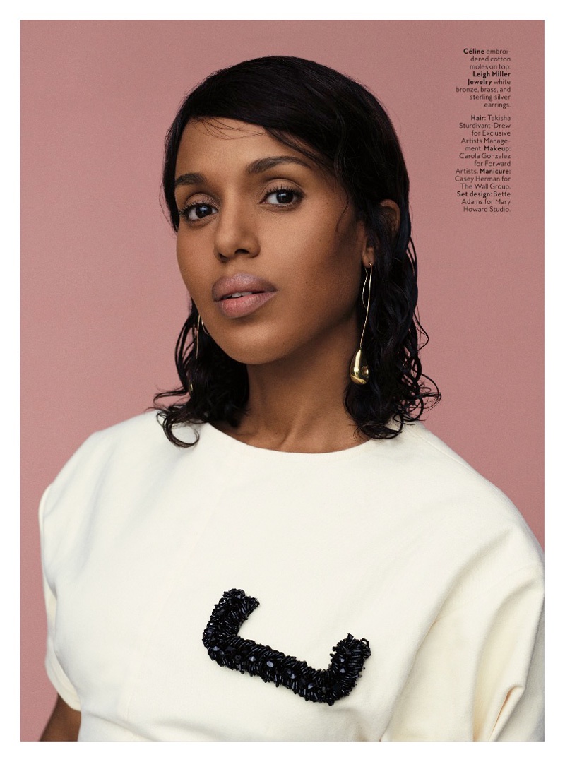 Kerry Washington poses in Celine top with Leigh Miller Jewelry earrings