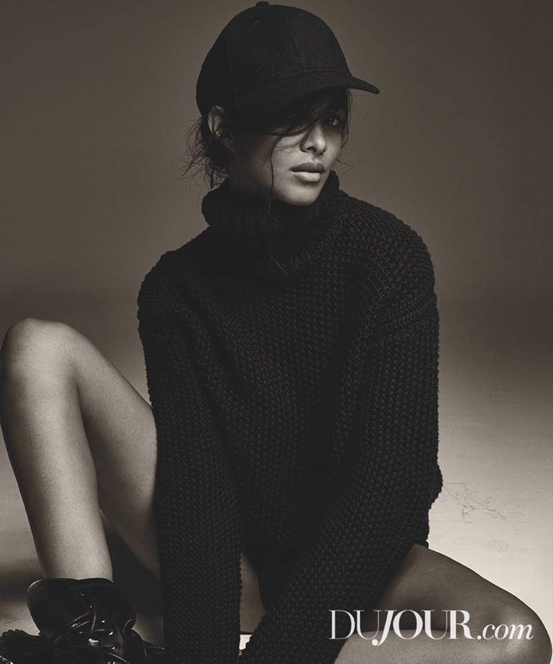 Lais Ribeiro keeps her cool in Hermes sweater, Gents Cap and Alexander Wang boots