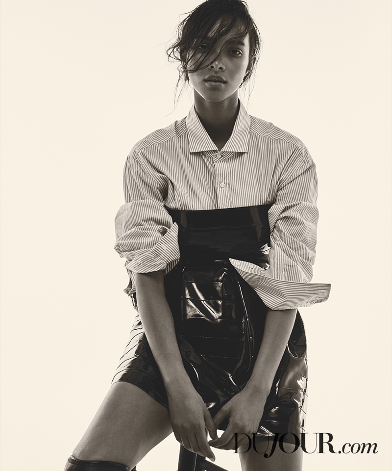 Lais Ribeiro wears a cutting edge look featuring Brunello Cucinelli shirt