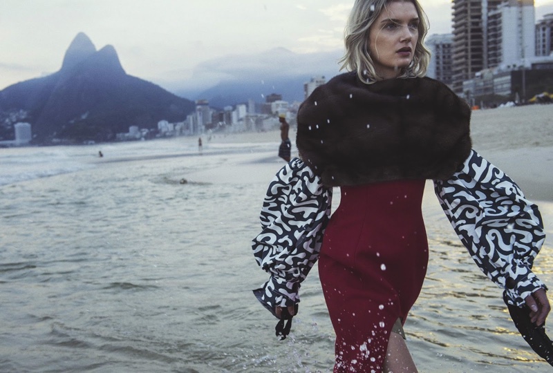 Heading out of the water, Lily Donaldson models complete look from Marni with embellished sleeves