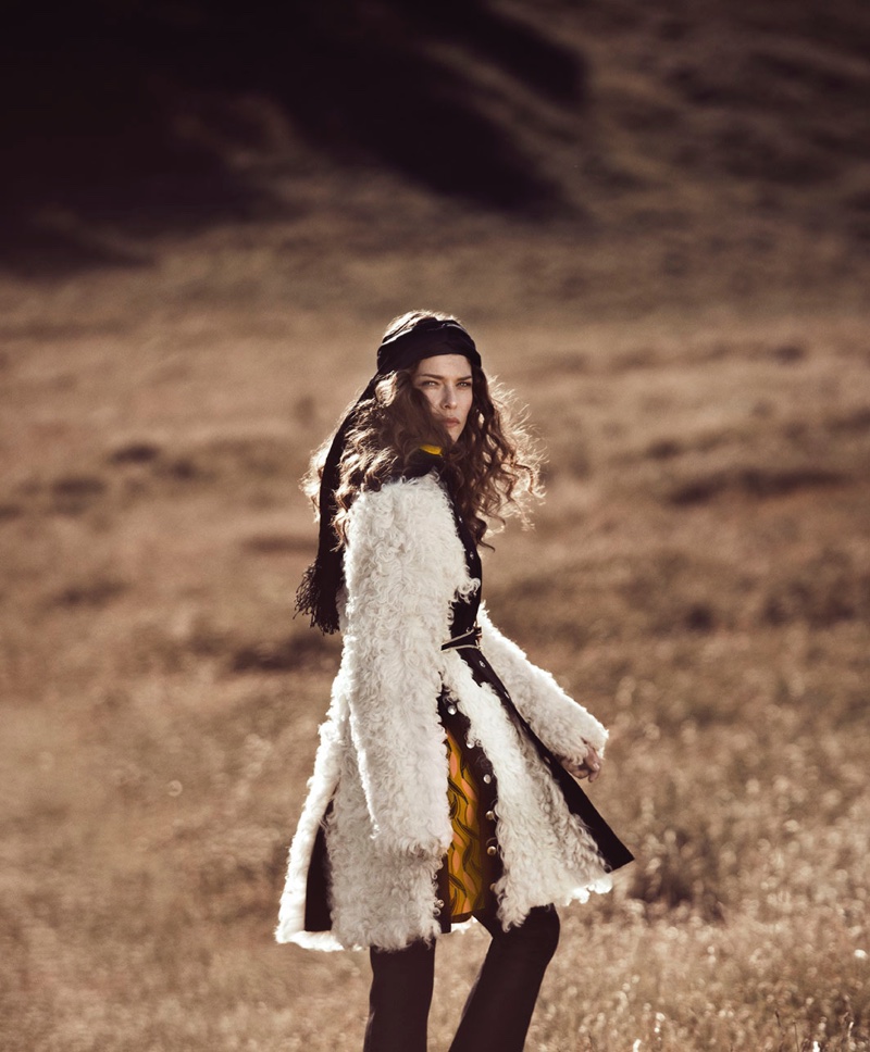 Model Louise Pedersen rocks black scarf with shaggy jacket
