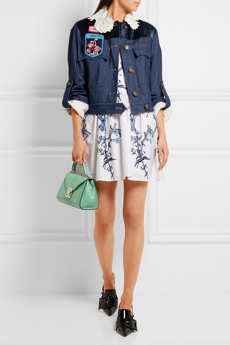 Miu Miu Embellished Velvet Paneled Denim Jacket