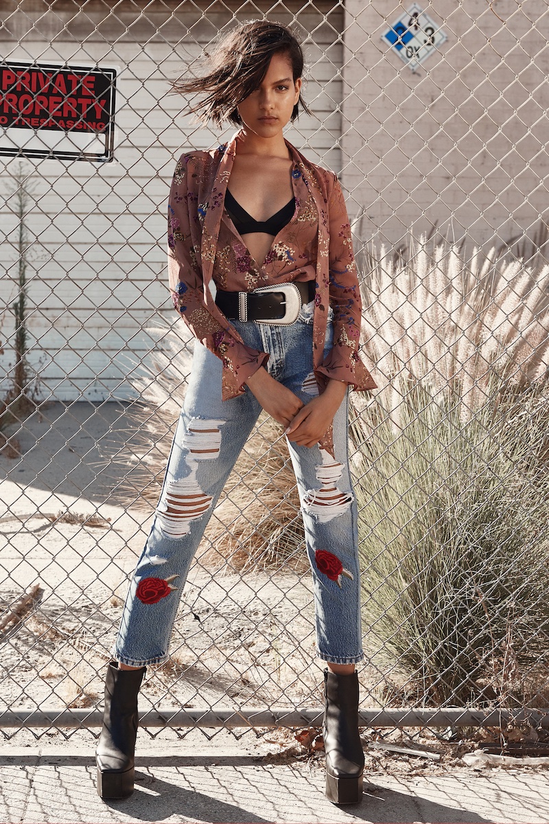 Dip It Grow Floral Blouse, Strap Me Down Mesh Bralette, Black After Party by Nasty Gal Rose Above It Levi's Jeans and Jeffrey Campbell Marcade Platform Leather Bootie