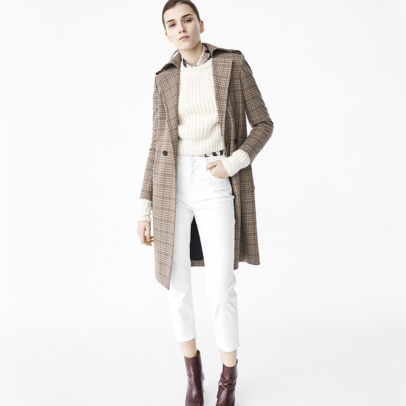 Sandro Fall 2016: plaid coat, ribbed knit sweater and white denim pants