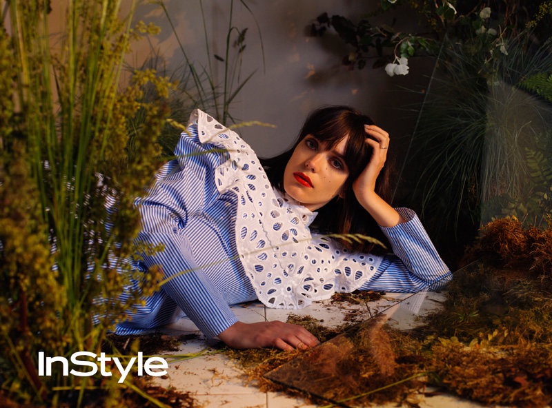 Stacy Martin wears striped shirt with lace embellishment