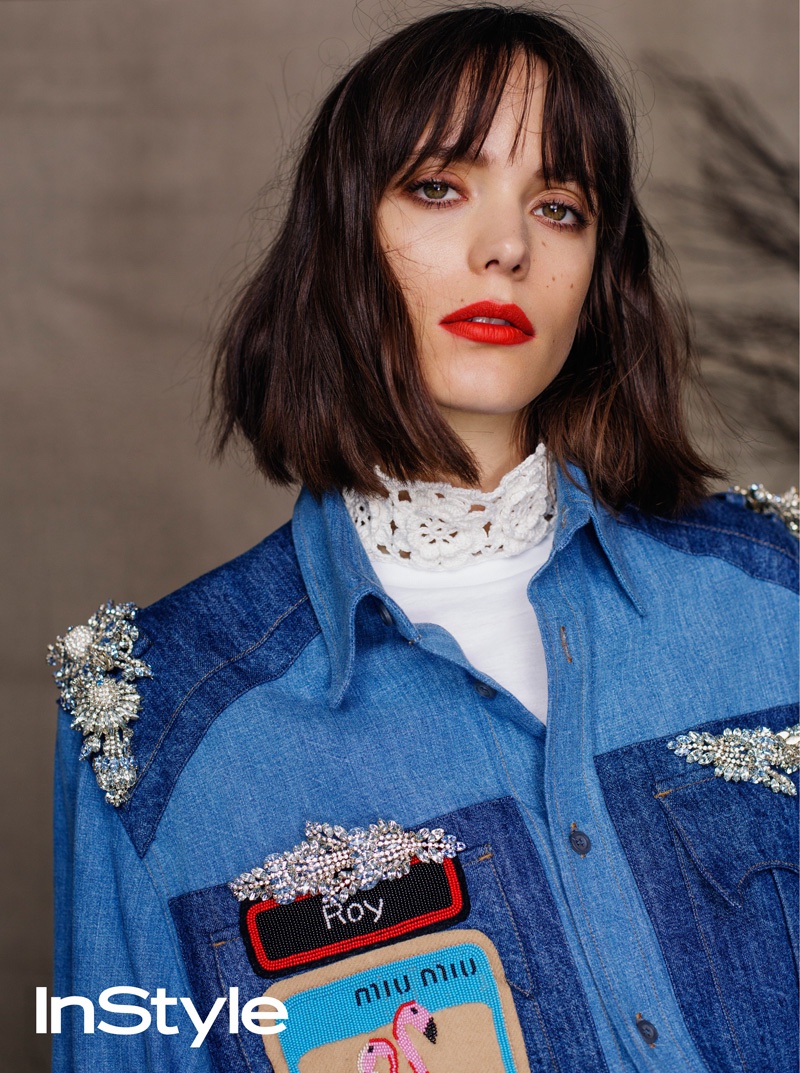 Stacy Martin wears embellished Miu Miu denim jacket