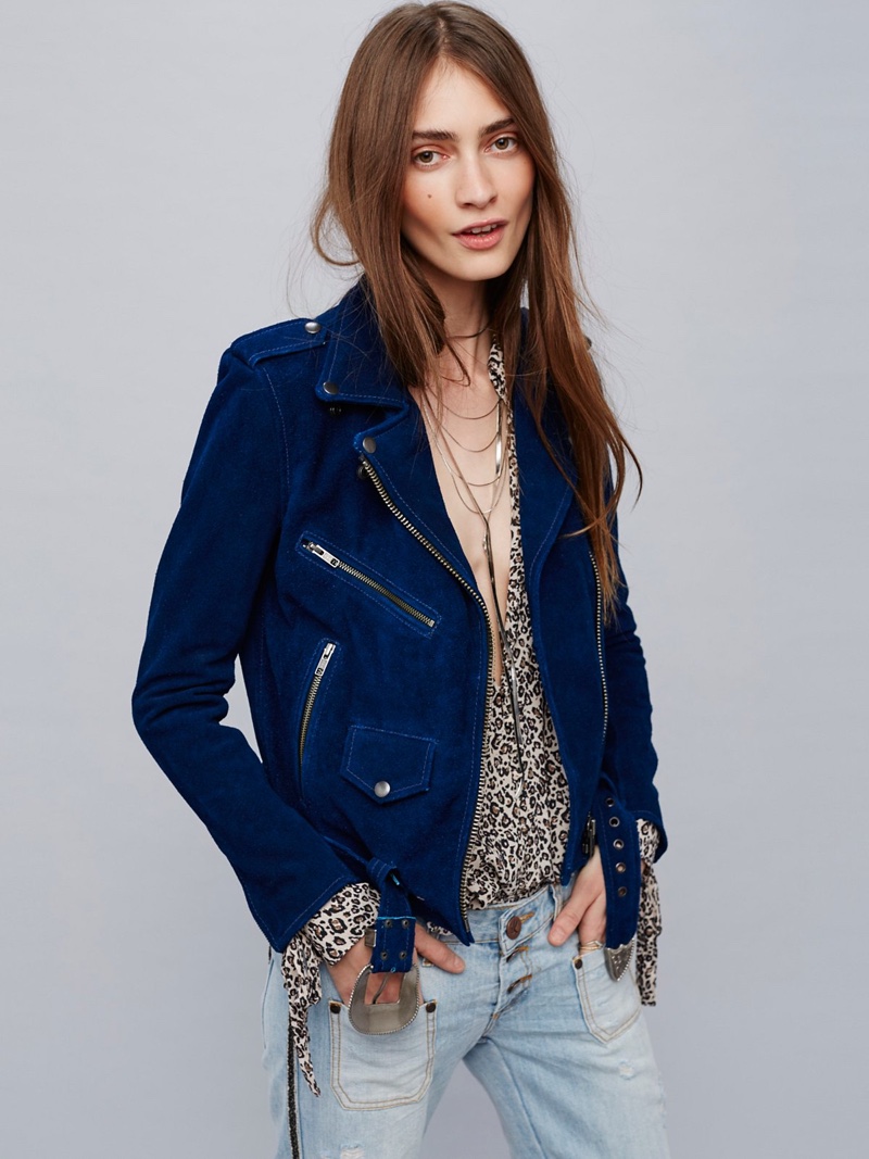 Understated Leather Suede Western Jacket in Sapphire Blue