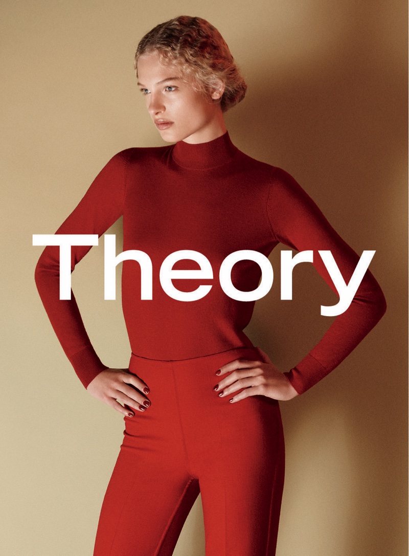 Theory's fall 2016 advertising campaign features red mock neck and high-waist pants
