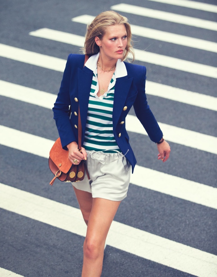Toni Garrn hits the pavement in Balmain jacket, Dolce & Gabbana top, Chloe bag and shorts