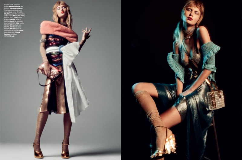 Photographed by Gil Inoue, the model poses in sparkling glam rock inspired fashions