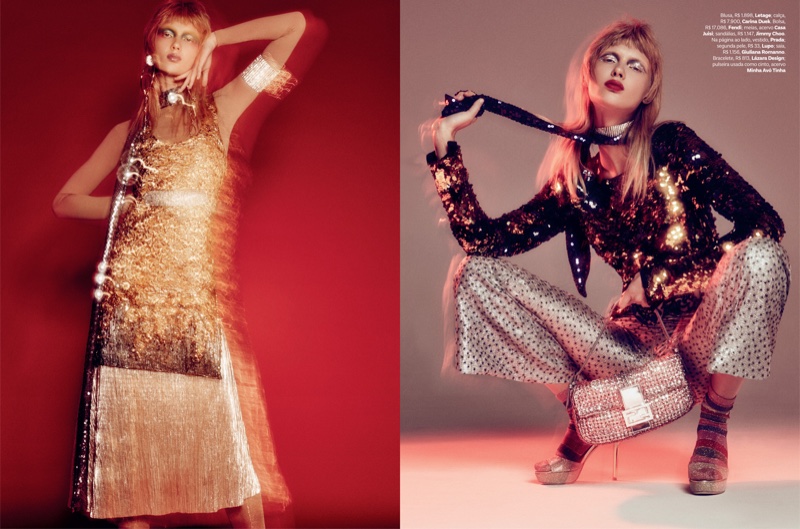 (Left) Yana Trufanova shines in Prada dress (Right) The model wears Letage sequin blouse with Carina Duek pants and Jimmy Choo platforms