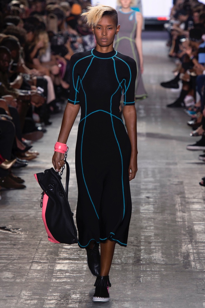 Alexander Wang Spring 2017: Model walks runway in scuba dress with blue piping