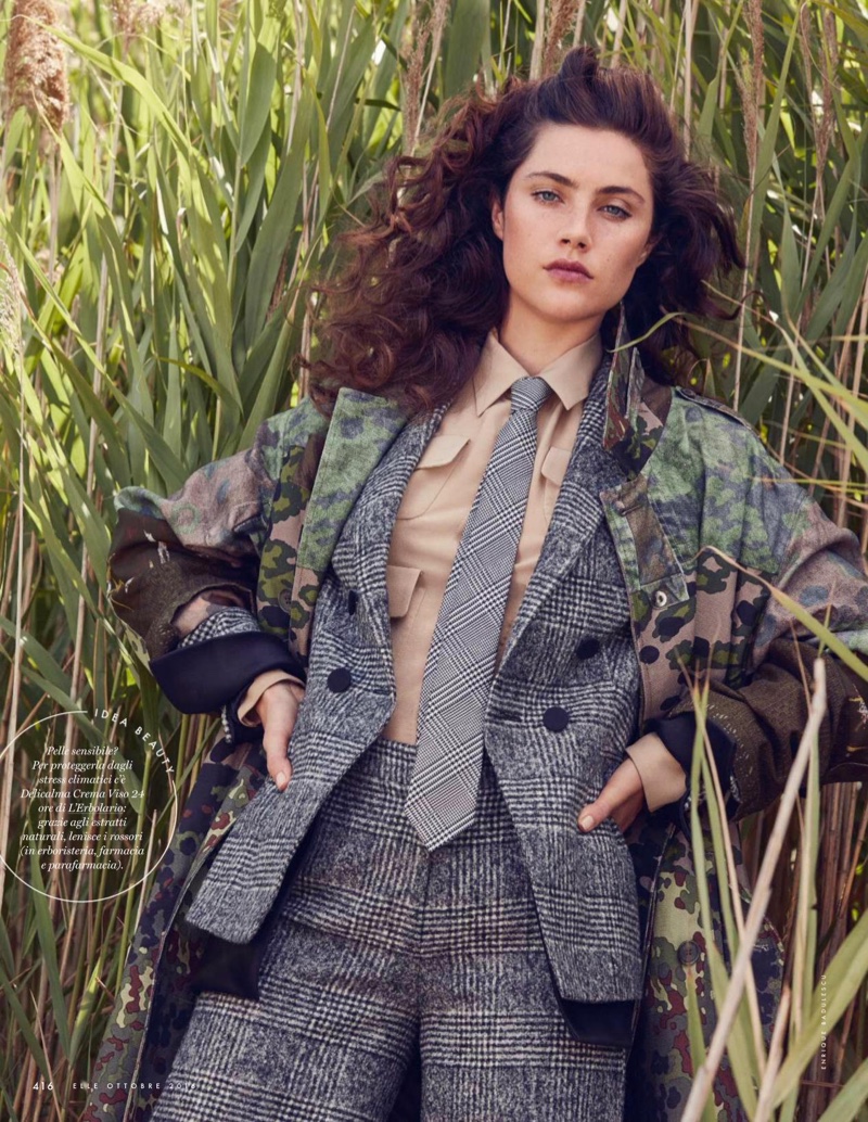 Anna Speckhart suits up with a touch of camouflage