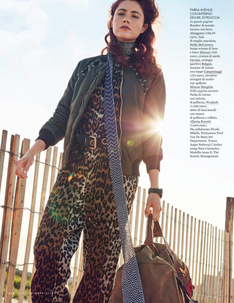 Anna Speckhart looks ready to travel in Almagores bomber jacket with leopard print Stella McCartney jumpsuit