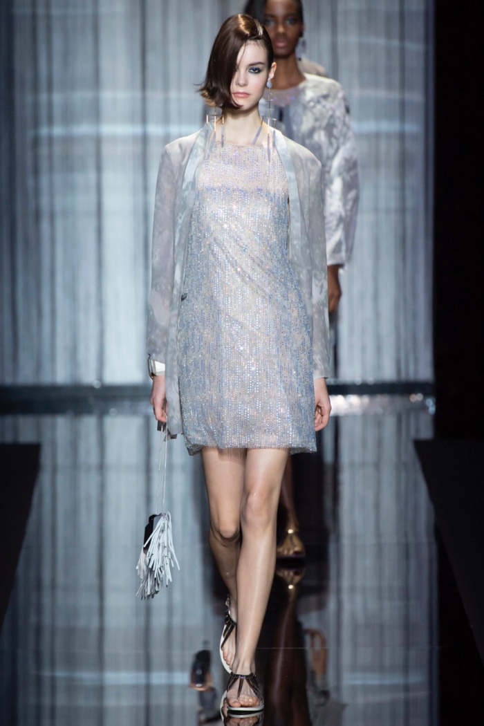 Armani Spring 2017: Model walks the runway in embellished minidress under lightweight jacket