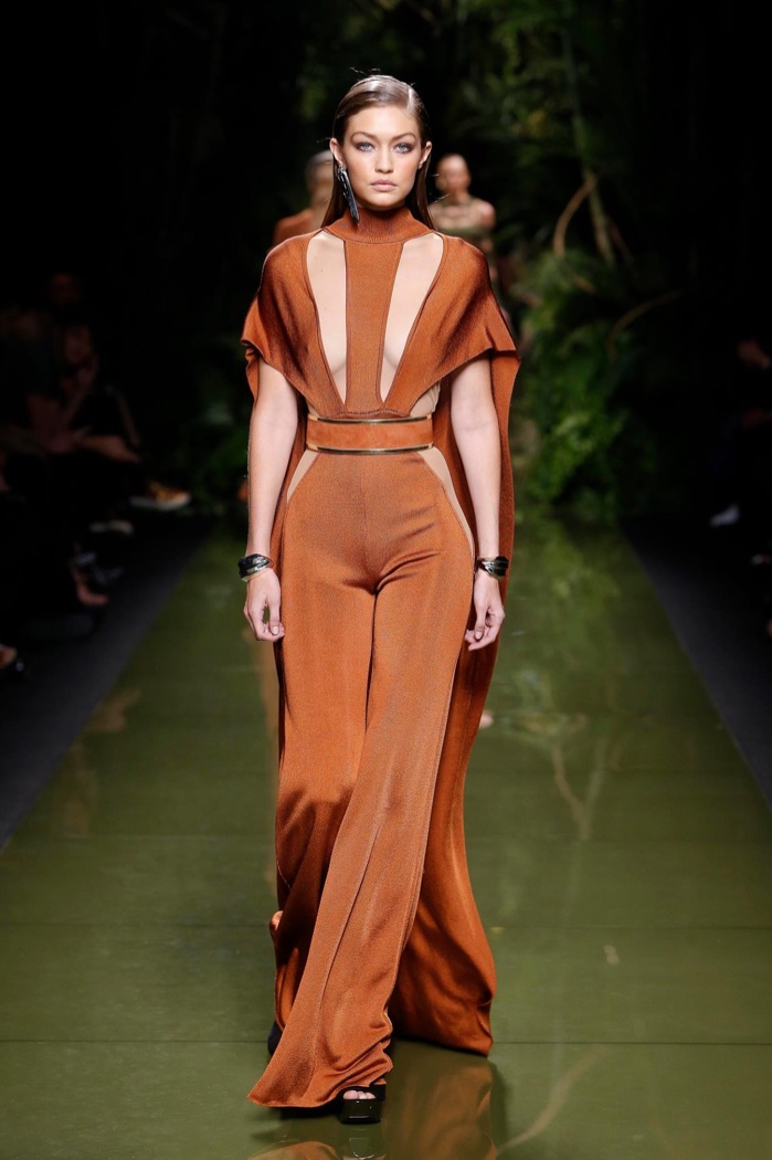 Balmain Spring 2017: Gigi Hadid walks the runway in caped jumpsuit