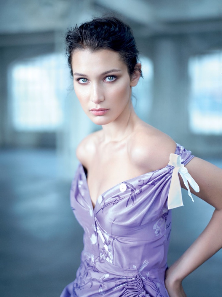 Bella Hadid shows off her shoulders in purple Miu Miu dress